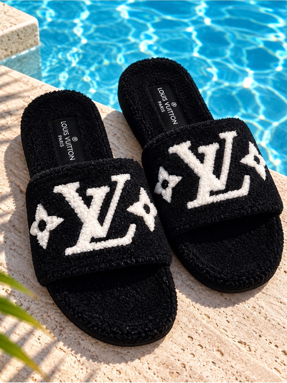 louis vuitton black plush slides size 7